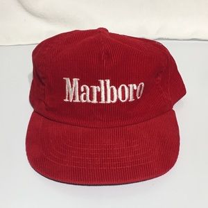Vintage Marlboro red corduroy snapback hat. Dead Stock